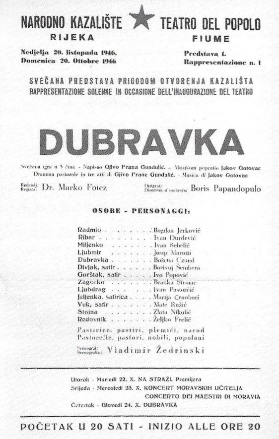 Programska cedulja prve predstave otvorenja Narodnog kazališta <em>Dubravke</em> 20. listopada 1946.
