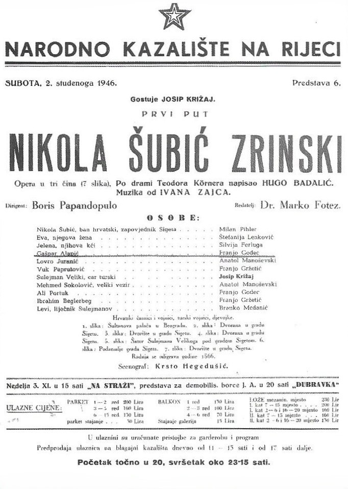 Programska cedulja prve operne predstave <em>Nikole Šubića Zrinskog</em> 2. studenoga 1946.